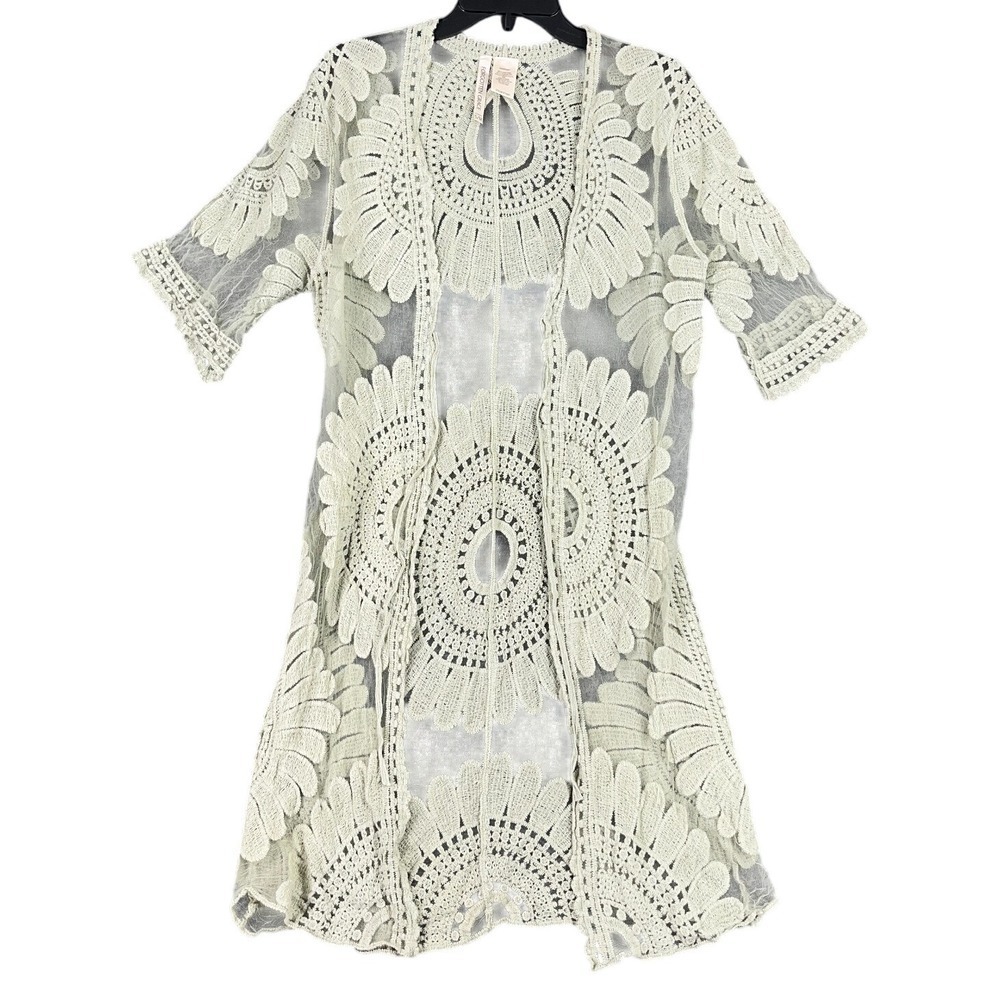 Forgotten Grace Bohemian‎ Beach Cover-up S/M Sheer Crochet Lace Cardigan Coquet